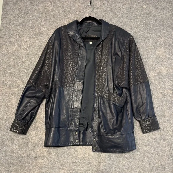 Vtg Oscar Leopold Deep Navy Animal Print Panels Retro Genuine Leather Jacket P/S - Picture 4 of 11